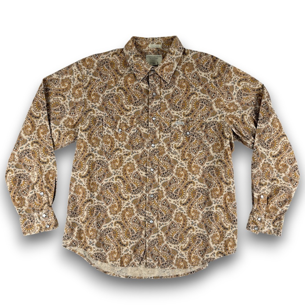 American Eagle Shirt Mens L Tan Paisley Corduroy Vintage Western Pearl Snap - Picture 2 of 11